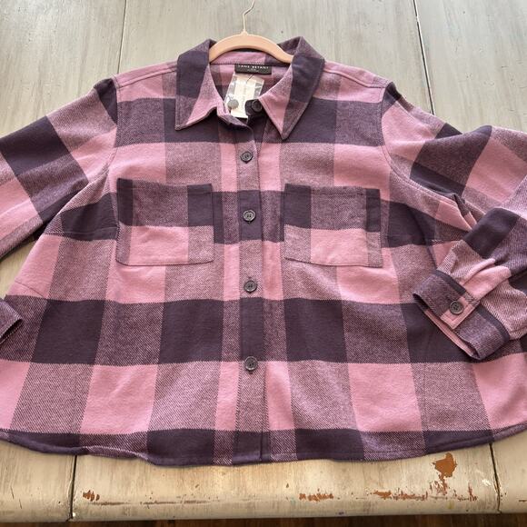NWT Lane Bryant Purple Plaid Button Up Cropped Flannel Shacket Pockets Sz 18 20 - Picture 1 of 9